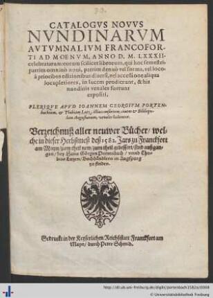 CATALOGVS NOVVS NVNDINARVM AVTVMNALIVM FRANCOFORTI AD MOENVM, ANNO D.M.LXXXII. celebratarum ...