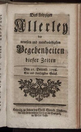 Den 21. Decemb. 1756. Ein und funfzigstes Stück.