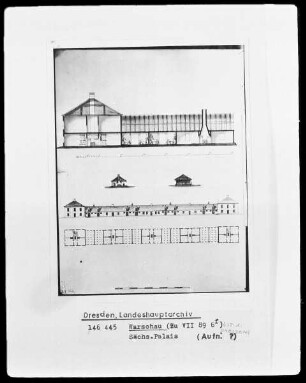 Warschau, Sächsisches Palais, Fassadenaufriß, Grundriß und Längsschnitt