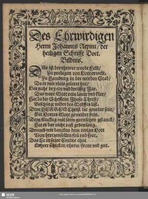 Des Ehrwirdigen Herrn Johannis Aepini, der heiligen Schrifft Doct. Bildnis
