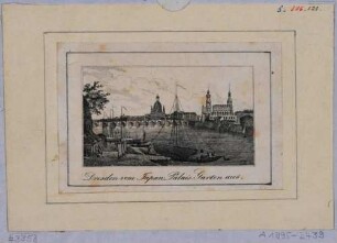 Stadtansicht von Dresden, Blick vom Neustädter Elbufer in Höhe des Garten des Japanischen Palais auf die Altstadt nach Südosten, im Vordergrund Schiffe