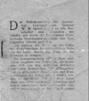 Sowjetische Flugschrift mit dem Wortlaut einer Note von Außenminister Molotow an die ausländischen Botschafter über die Behandlung sowjetischer Kriegsgefangener durch deutsche Truppen