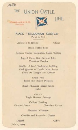 Menükarte : Dinner, R.M.S. "Kildonan Castle"