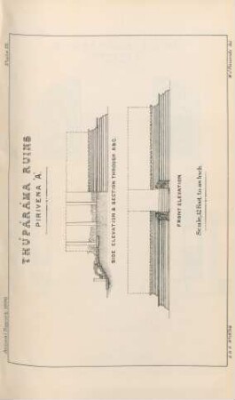Plate III. Thúpáráma Ruins. Pirivena "A". Side elevation & section throught ABC. Front elevation