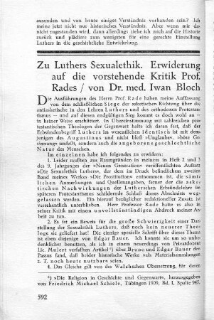 Zu Luthers Sexualethik. Erwiderung auf die vorstehende Kritik Prof. Rades