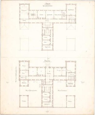 Voit, August von; Landgerichtsgebäude - Entwurf (Grundriss 1. OG); Geschäftslokalitäten u. EG (Grundrisse)