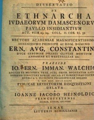 Diss. de ethnarcha Iudaeorum Damascenorum Paullo insidiantium, Act. VIII. 23. 24. Coll. II. Cor. XI. 32