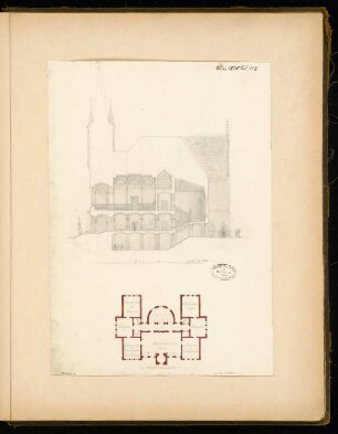 Rathaus Monatskonkurrenz Mai 1878: Grundriss Obergeschoss 1:300; Querschnitt 1.150; 2 Maßstabsleisten