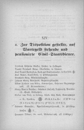 XIVa. Zur Disposition gestellte, auf Wartegeld stehende und pensionirte Civil-Staatsdiener