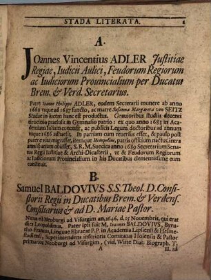 Stada Literata Doctorum Virorum Stadae Anno MDCCXI Viventium : Vitas Honores Atque Opera Edita Et Inedita Exhibens