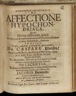 Disputatio Inauguralis De Affectione Hypochondriaca