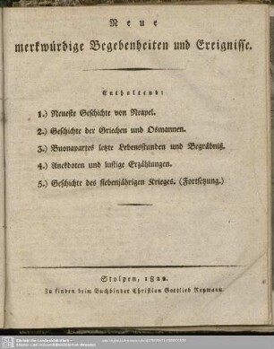 Neue merkwürdige Begebenheiten und Ereignisse, 1822
