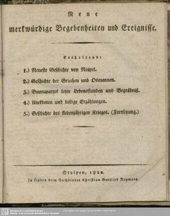 Neue merkwürdige Begebenheiten und Ereignisse, 1822
