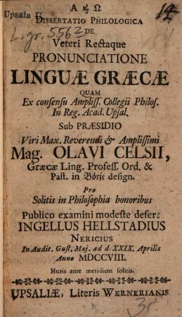 Dissertatio philologica de Veteri Rectaque pronunciatione linguae Graecae