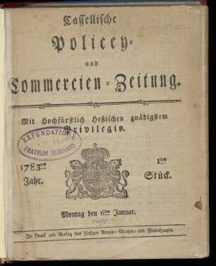 1tes Stueck, Montag den 6ten Januar. 1783
