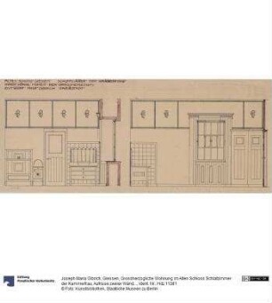 Giessen, Grossherzogliche Wohnung im Alten Schloss Schlafzimmer der Kammerfrau, Aufrisse zweier Wände sowie Schnitte von Fensternische und Tür
