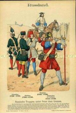 Uniformdarstellung, Grenadier, Füsiliere, Dragoner und Bombardier, Russland, 1700/1732.