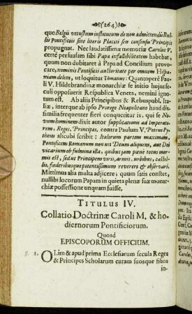 Titulus IV. Collatio Doctrinæ Caroli M. & hodiernorum Pontificiorum. Quoad Episcoporum Officium.