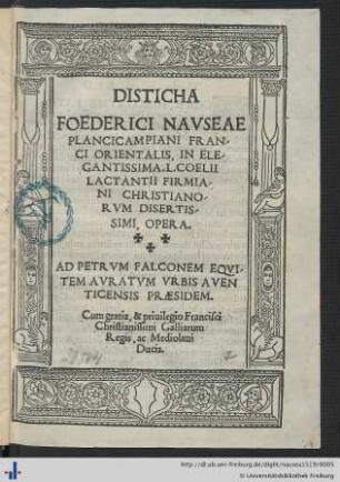 Disticha Foederici Navseae Plancicampiani ..., In elegantissima L. Coelii Lactantii Firmiani Christianorvm disertissimi, opera