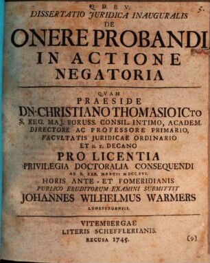 Dissertatio Juridica Inauguralis De Onere Probandi In Actione Negatoria