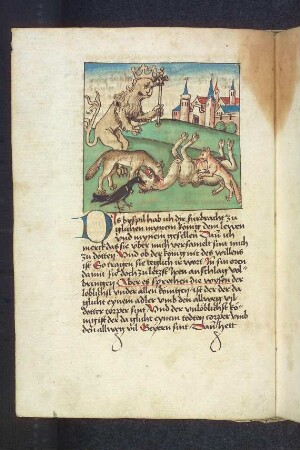 Wolf, Rabe und Fuchs erlegen das Kamel als Speise für sich selbst und den Löwen; (Kapitel II: Von dem Löwen und dem Ochsen).