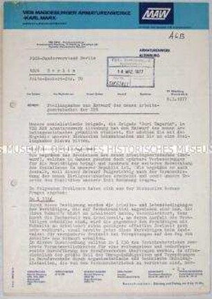 Maschinenschriftliche Stellungnahme einer Brigade aus dem VEB Magdeburger Armaturenwerk zum Entwurf des neuen Arbeitsgesetzbuches der DDR