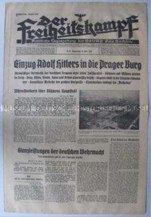 Tageszeitung der NSDAP für den Gau Sachsen "Der Freiheitskampf" u.a. zur Zerschlagung der Tschechoslowakei