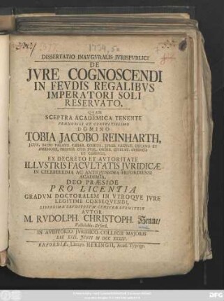 Dissertatio Inavgvralis Jvris Pvblici De Jvre Cognoscendi In Fevdis Regalibvs Imperatori Soli Reservato