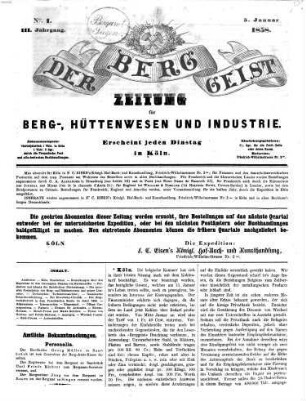 Der Berggeist : Zeitung für Berg-, Hüttenwesen u. Industrie, 1858 = Jg. 3