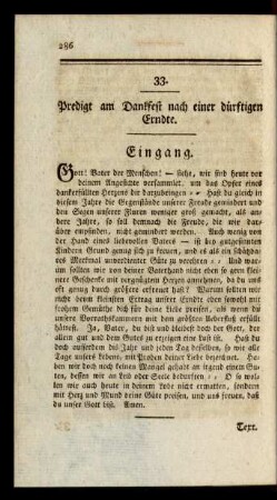 33. Predigt am Dankfest nach einer dürftigen Erndte.