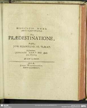 Disputatio Nona Anti-Calviniana, De Praedestinatione