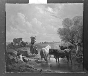 Hirtenfamilie mit Kühen an der Tränke