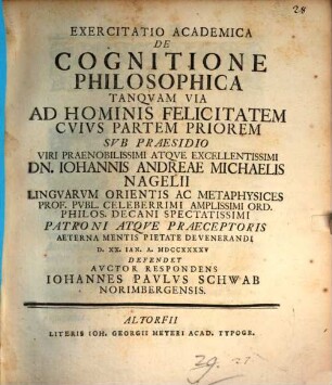 Exercitatio acad. de cognitione philosophica tanquam via ad hominis felicitatem : Pars prior
