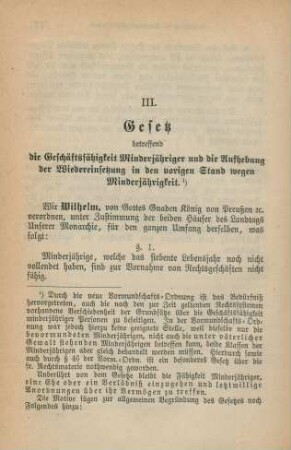 III. Gesetz betreffend die Geschäftsfähigkeit Minderjähriger und die Aufhebung der Wiedereinsetzung in den vorigen Stand wegen Minderjährigkeit.