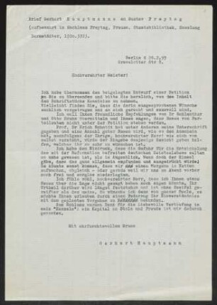 Brief von Gerhart Hauptmann an Gustav Freytag