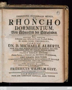 Dissertatio Inauguralis Medica, De Rhoncho Dormientium