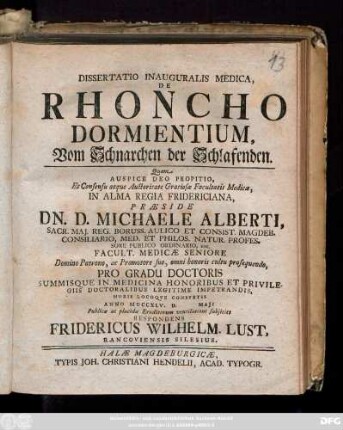 Dissertatio Inauguralis Medica, De Rhoncho Dormientium