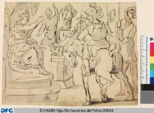 Ein Reiter und mehrere Krieger zu Fuß vor einem auf dem Thron sitzenden König