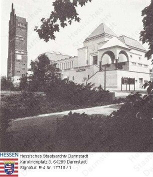 Darmstadt, Mathildenhöhe / Hochzeitsturm / Bild 1: Ansicht mit Ausstellungsgebäude / Bild 2: Kuppelmosaik im Aufgangspavillon / Bild 3: Sonnenuhr / Bild 4: Eingangstor