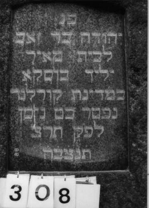 Grabstein 308 (Index: 100094605) Material: Granit Zustand: gut Maße HxBxT: 132x65x26 cm Beschreibung: grob stelenhaft behauener Stein, Schriftfeld eingetieft mit Segmentbogenabschluß: Grabstein 308A