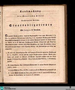 Karlsruher Zeitung, Kundmachung die Creirung neuer Großherzoglich Badischer Staatsobligationen über 6,000,000 fl. betr.