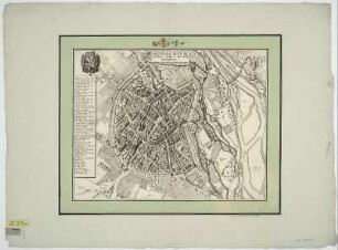 Vogelschauplan von München, 1:5 000, Radierung, um 1682 : Monachium Aviica Sedes Ducum Bavariae / W.H.. - [Ca. 1:5 000]. - [Amsterdam] , [um 1682]. - 1 Vogelschauplan : Radierung ; 45 x 35 cm Titelkartusche oben Mitte. - Mit 2 Wappen. - Mit Gebäudeverzeichnis