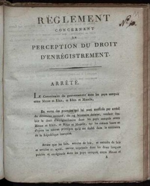 Réglement Concernant La Perception Du Droit D'Enrégistrement