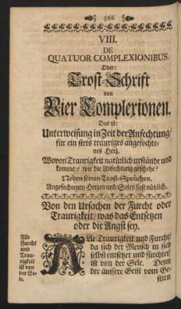 VIII. De Quatuor Complexionibus. Oder: Trost-Schrift von Vier Complerionen.