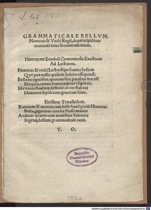 Grammaticale Bellvm. Nominis & Verbi Regu[m], de principalitate orationis inter se contendentium