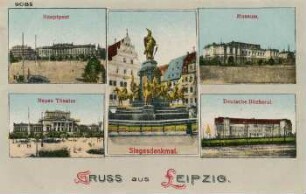 Gruss aus Leipzig: Hauptpost, Museum, Neues Theater, Siegesdenkmal, Deutsche Bücherei