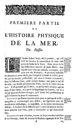 Premier Partie de L'Histoire Physique de la mer. Du Bassin