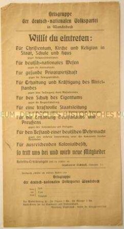Programmatisches Flugblatt der Ortsgruppe der deutsch-nationalen Volkspartei Wandsbeck zur Mitgliederwerbung