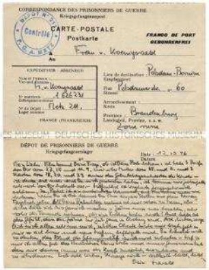 Vordruck-Postkarte von Harald von Koenigswald aus dem Kriegsgefangenenlager Metz-Obreck an seine Frau - Familienkonvolut