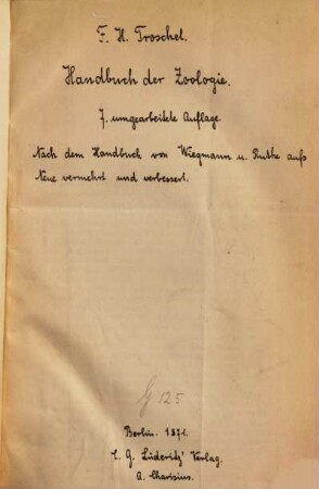 Handbuch der Zoologie : Nach dem Handbuche von Wiegmann und Ruthe